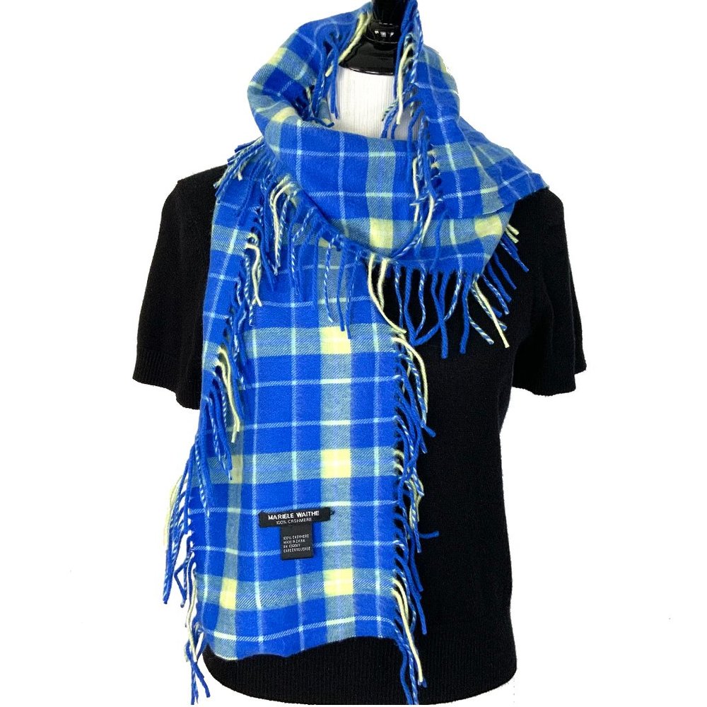 Mariele Waithe 100% Cashmere Scarf Blue Yellow Plaid Fringe Scarf